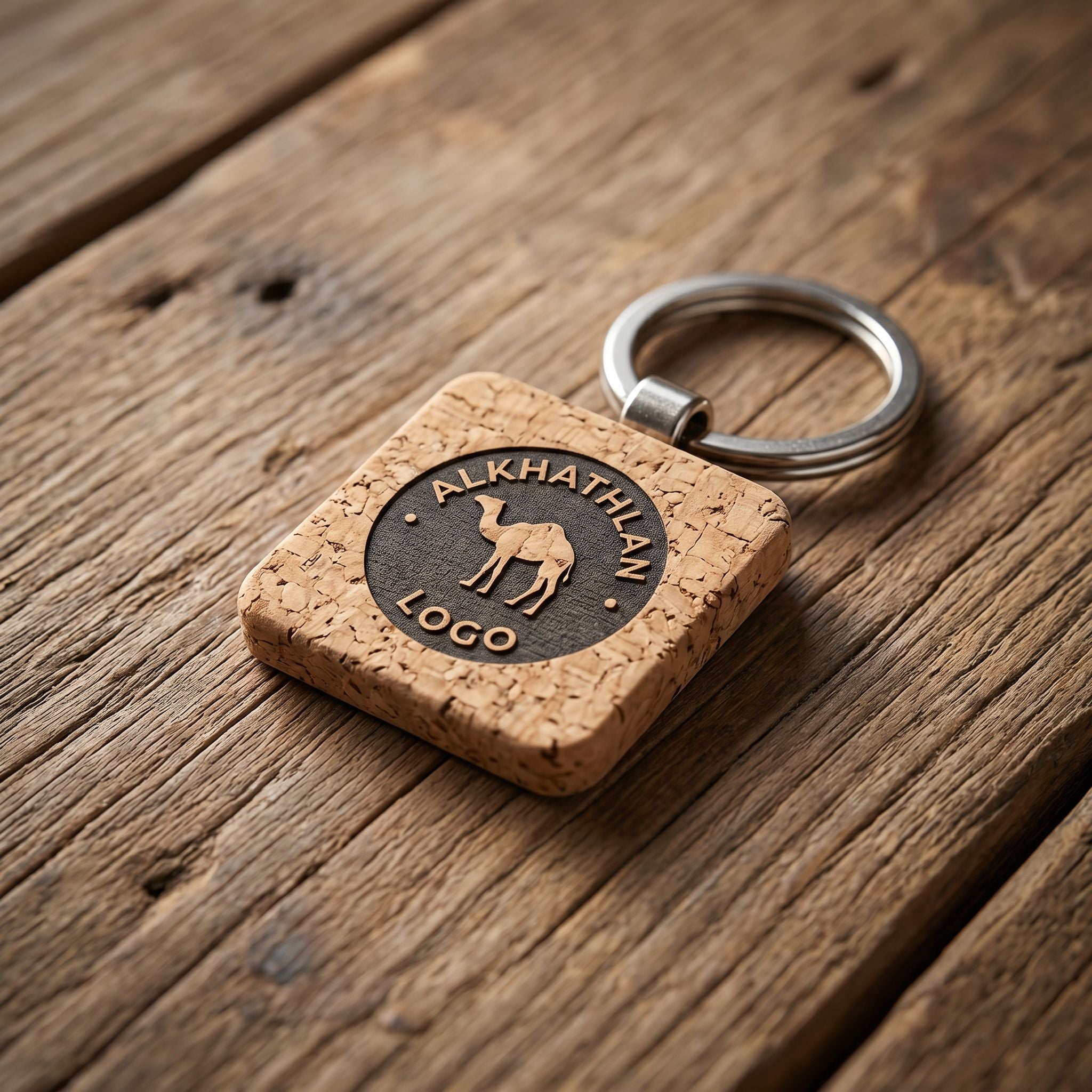 Small eco-friendly مخصص keychain made of recycled material موضوع على rustic wooden سطح مع إضاءة طبيعية.