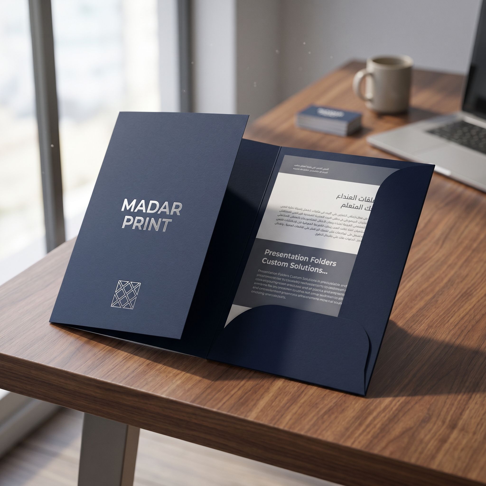 مخصص Arabic و English presentation folders from مدار برنت معروض على a أنيق مكتب خشبي مع إضاءة طبيعيةing تُبرز their texture و design.