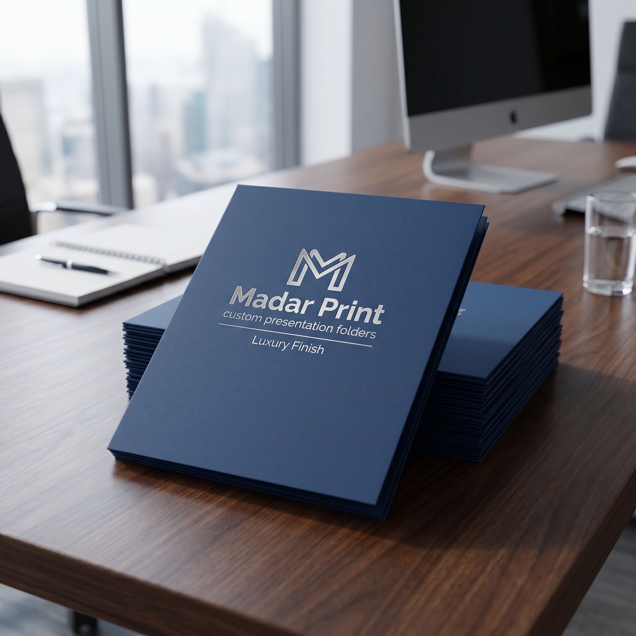Photorealistic image of luxury finish presentation folders من مدار برنت on a مكتب خشبي in a احترافي office setting.