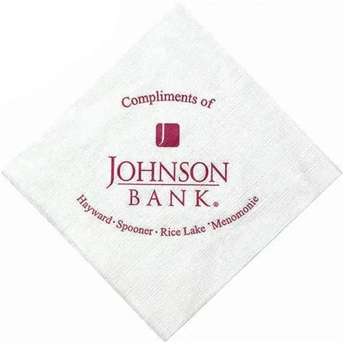 custom printed White napkin with red text 'Compliments of Johnson Bank' on a white background