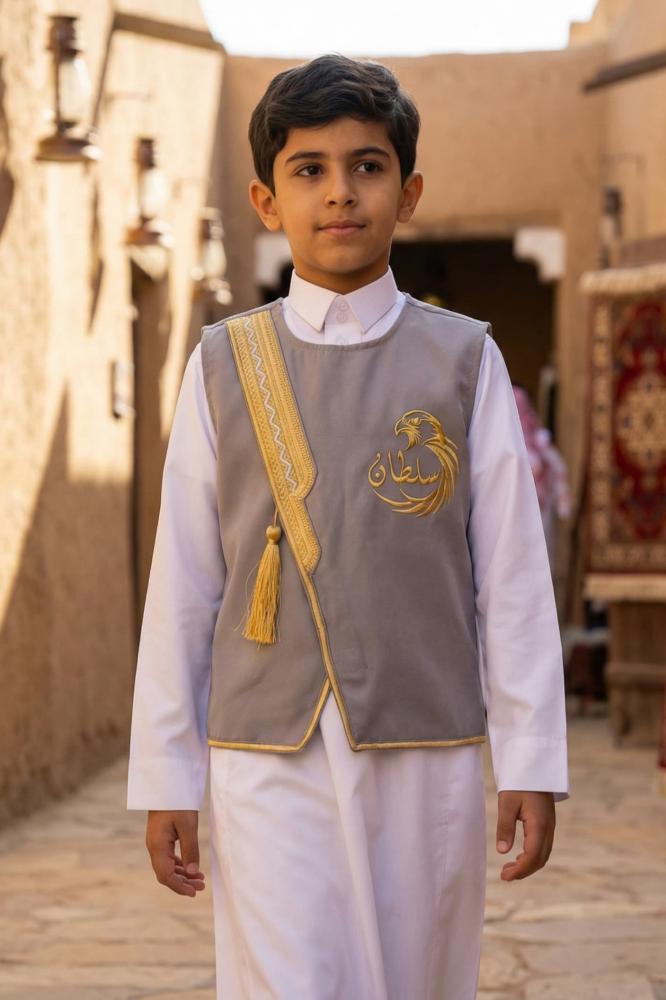 Blank gray boys' Sediri bisht, golden and silver zigzag pattern, luxurious Ramadan — product image 2