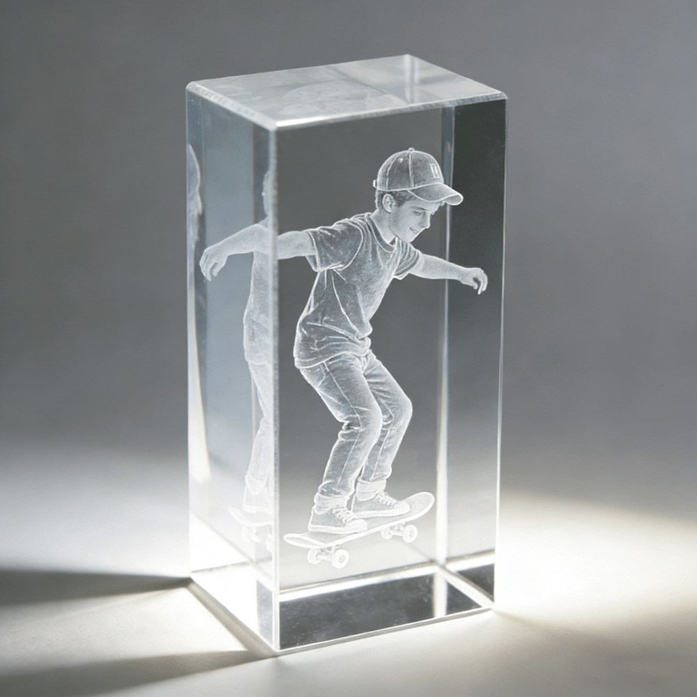Brand-Forward 3D Custom Crystal Photo Statue Laser Engraved Portrait Cube Waterproof – Marketing – image 1