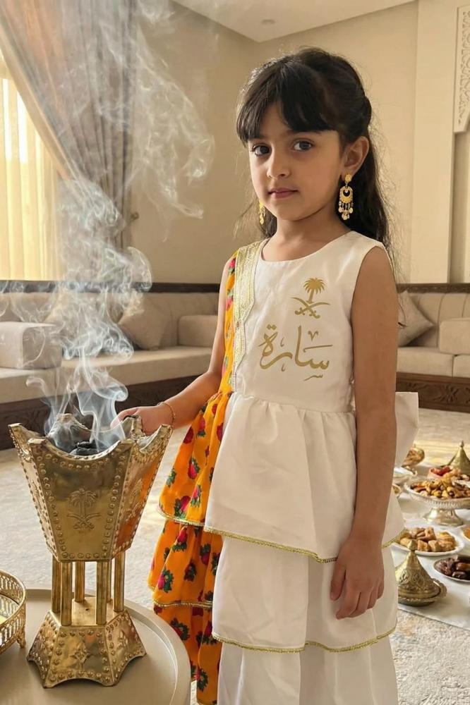 Girls' white and orange shalky dress with an elegant traditional design for Ramadan — product image 2