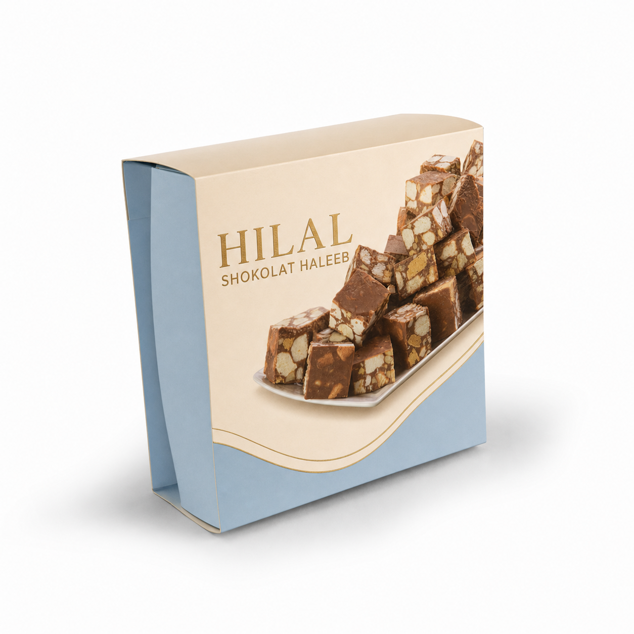Hilal custom printed paper box – milk chocolate layout, view 1