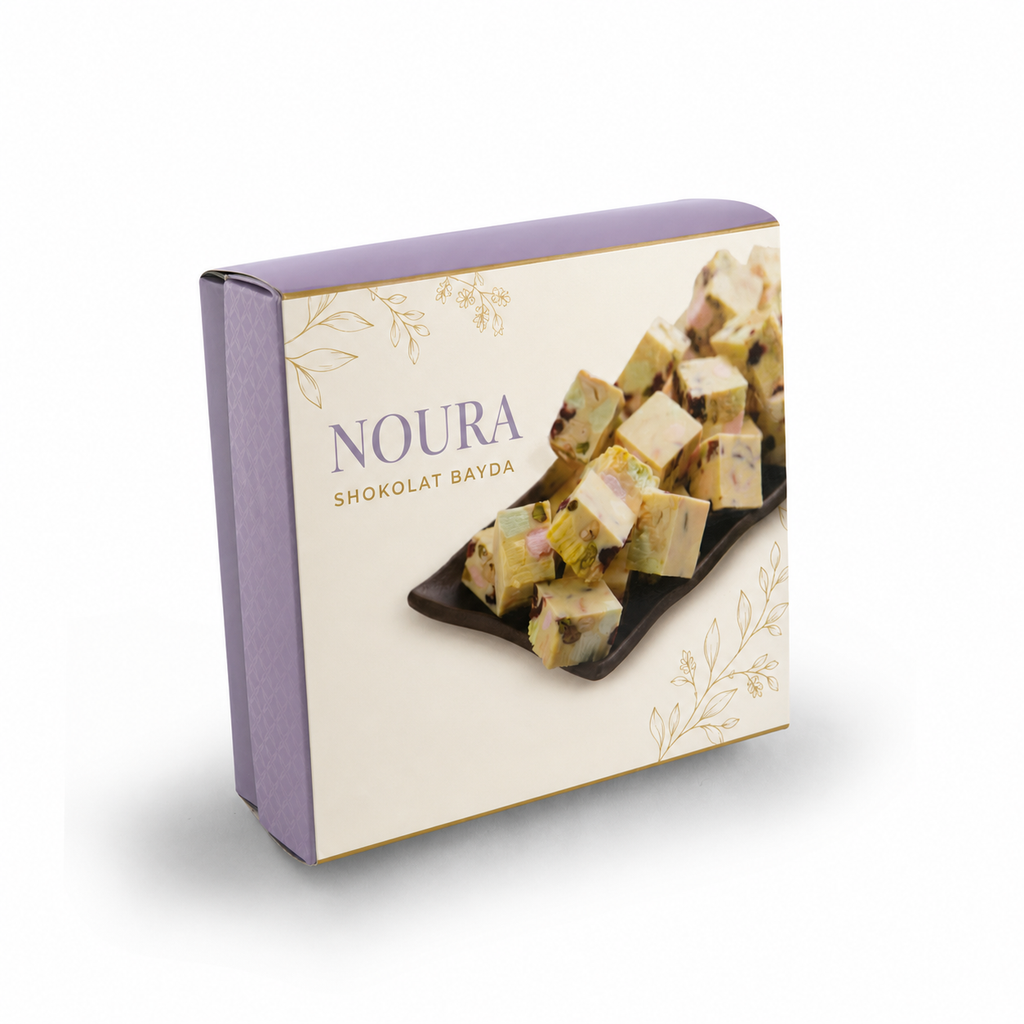 Noura custom printed paper box – white chocolate layout, view 1