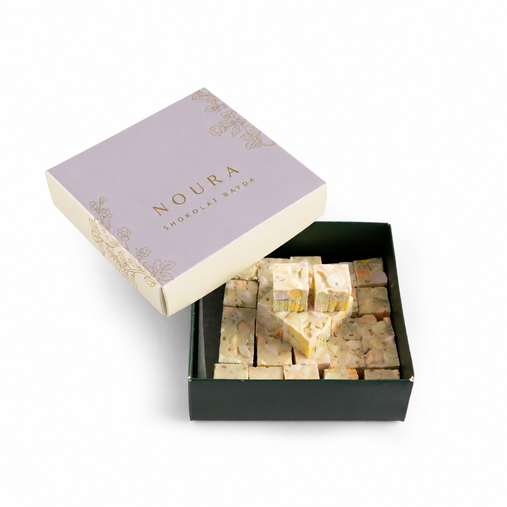 Noura custom printed paper box – white chocolate layout, view 2