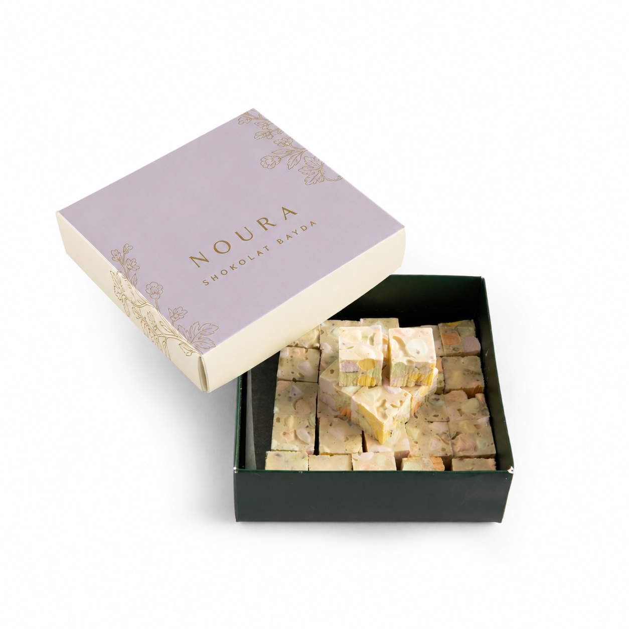 Noura custom printed paper box – white chocolate layout, view 2