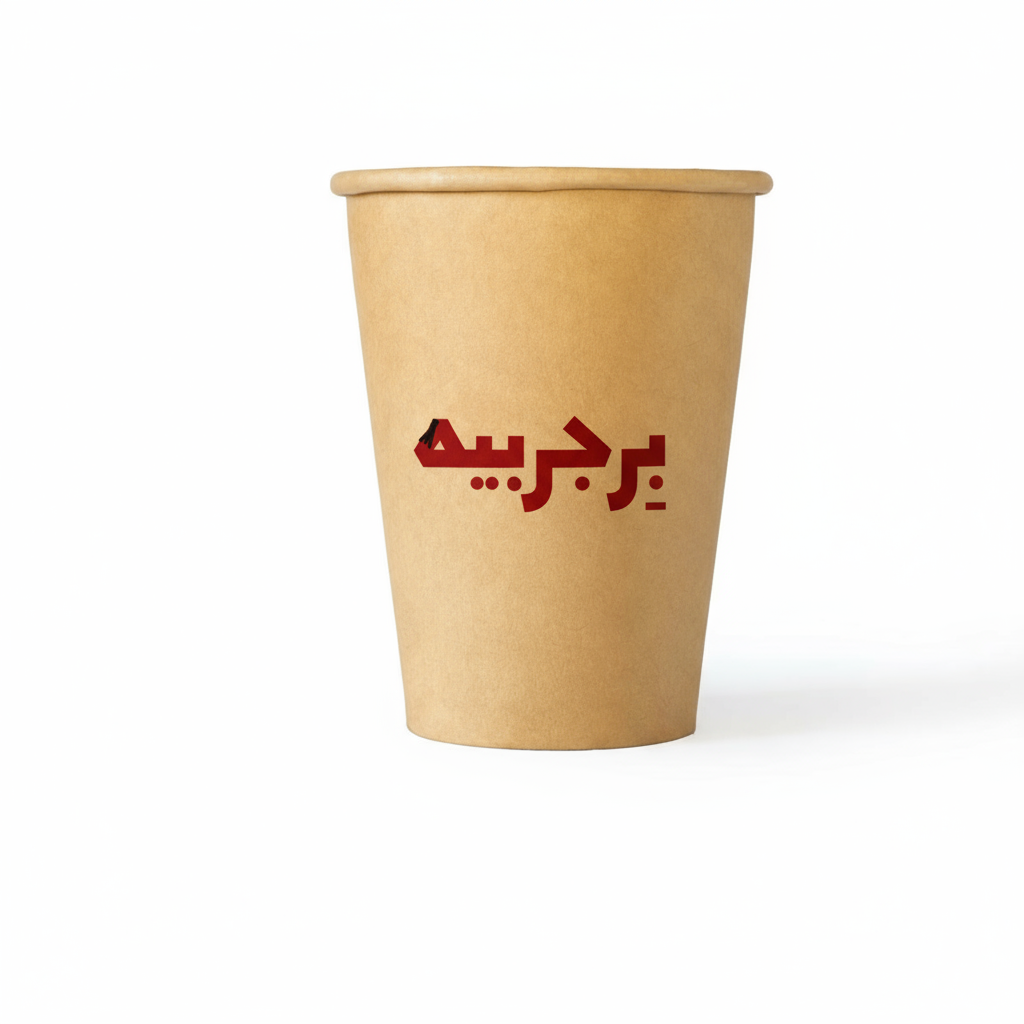 Eco-friendly brown paper cup with unique Arabic design, perfect for hot and cold beverages.
