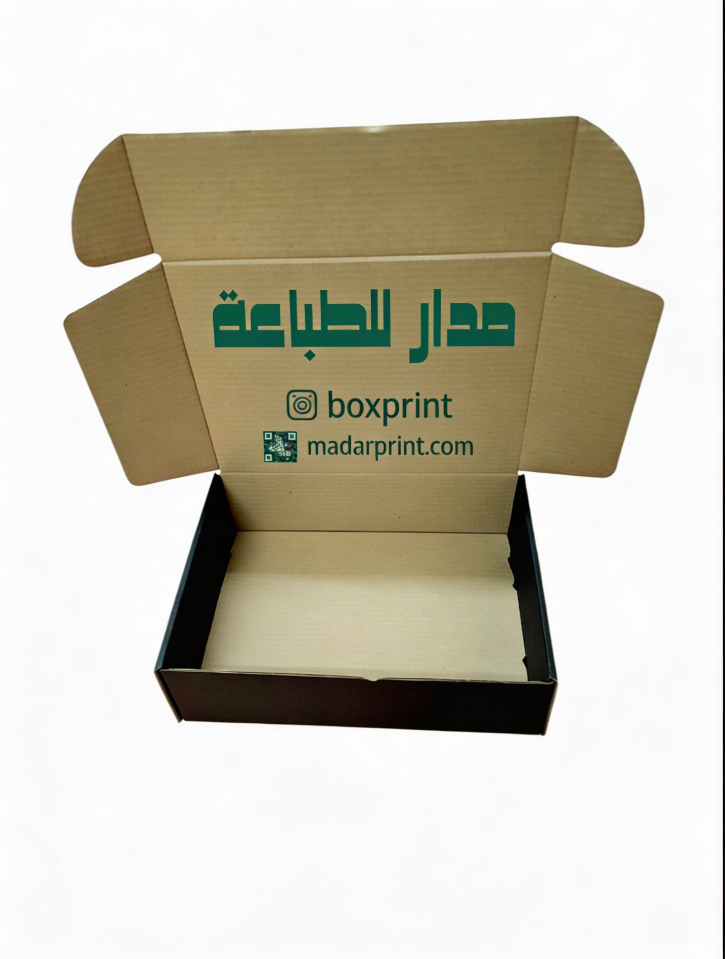 Open cardboard box with black exterior, featuring customizable printing options for packaging needs.