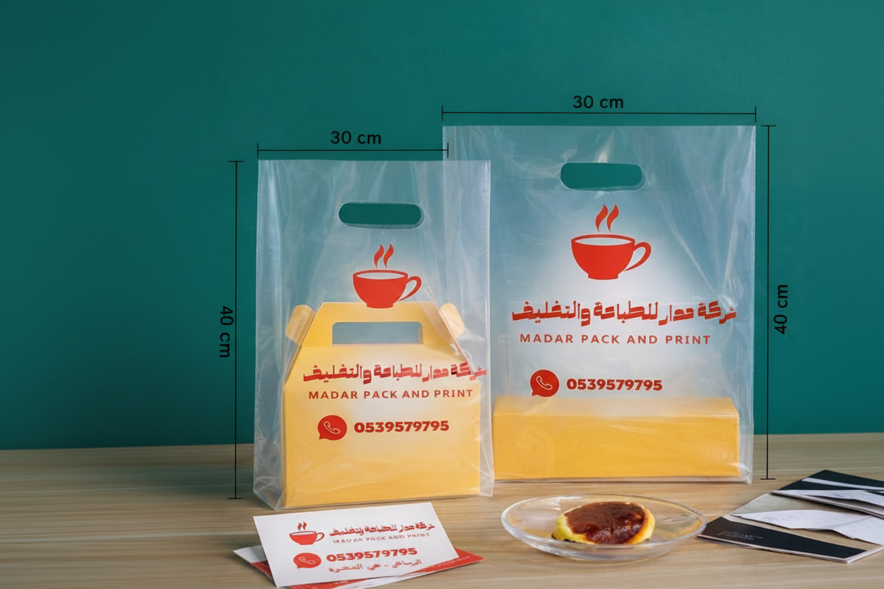 أكياس بلاستيكية شفافة تحمل علامة تجارية ومقاسات على سطح خشبي.