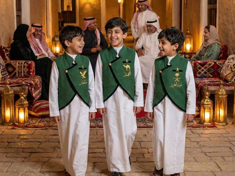 A plain green boys' blazer with a Saudi standing collar and a curved cut, with a brooch of two swords and a palm tree — product image 4