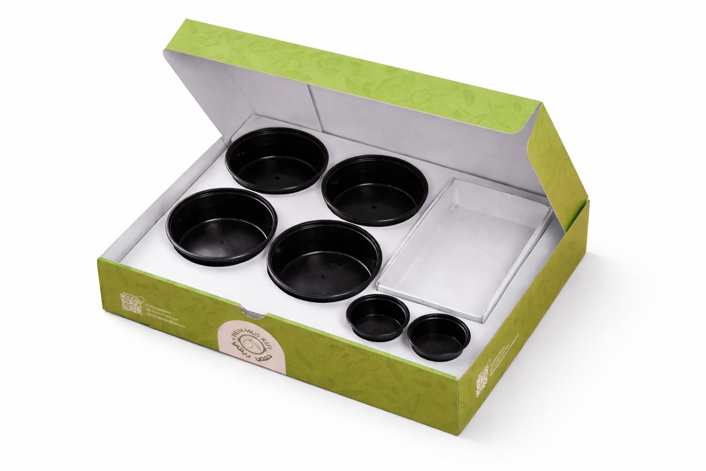 Set of black round containers in a green box on a white background