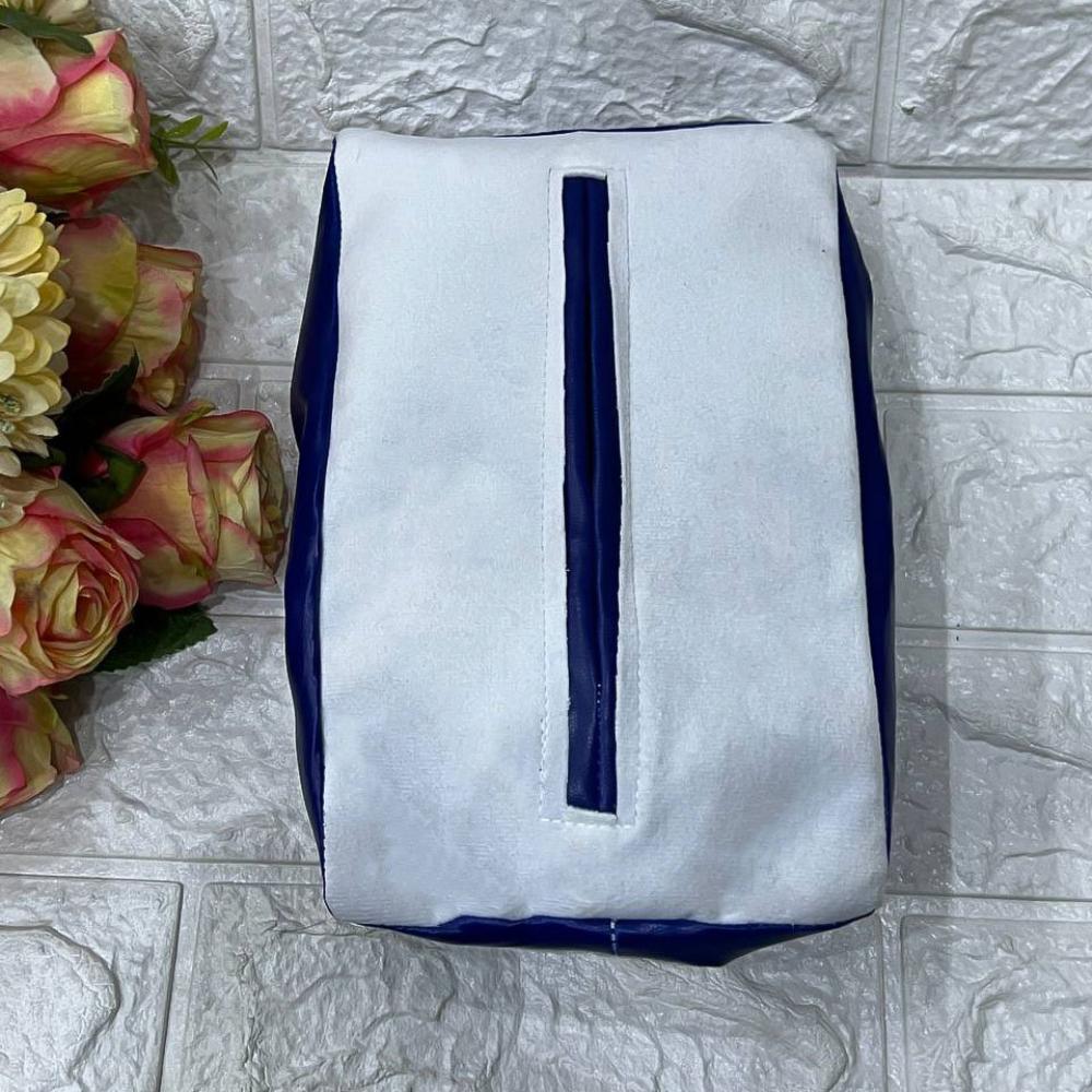 Car accessories, white velvet middle, blue leather edges, plain tissue box — product image 1