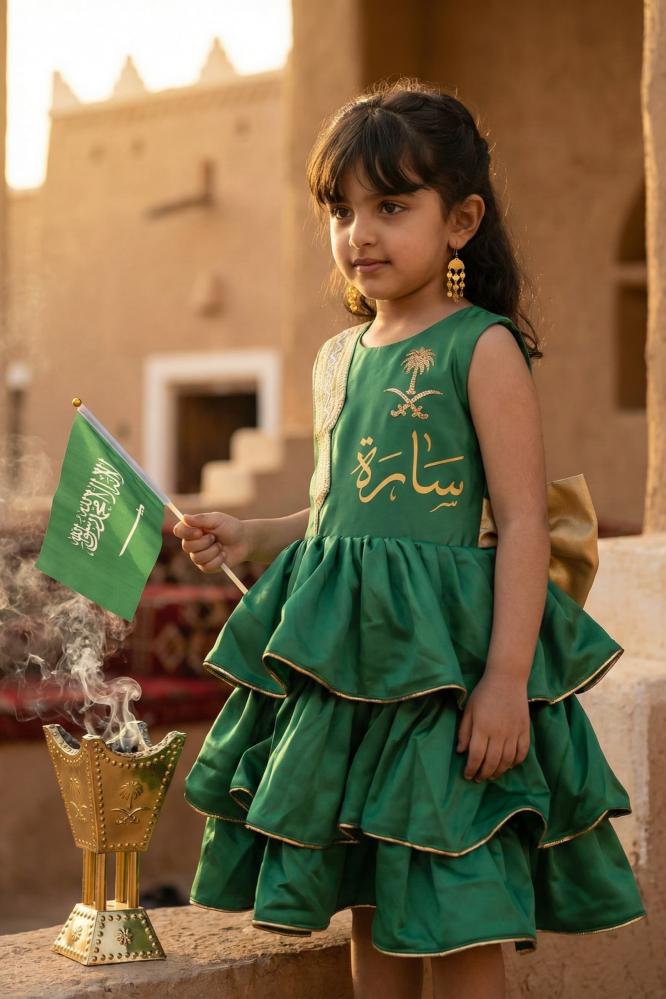 Children's green layered dress decorated with beige patriotic foundation day — product image 2