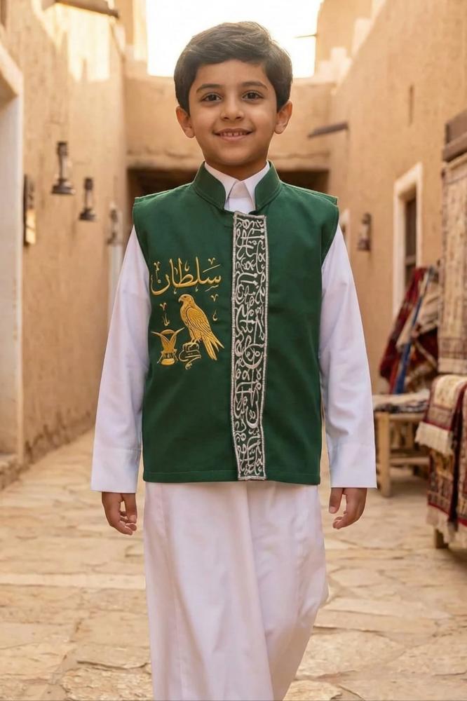 Blank olive green boys' vest with a Saudi standing collar and longitudinal silver Arabic line embroidery — product image 2