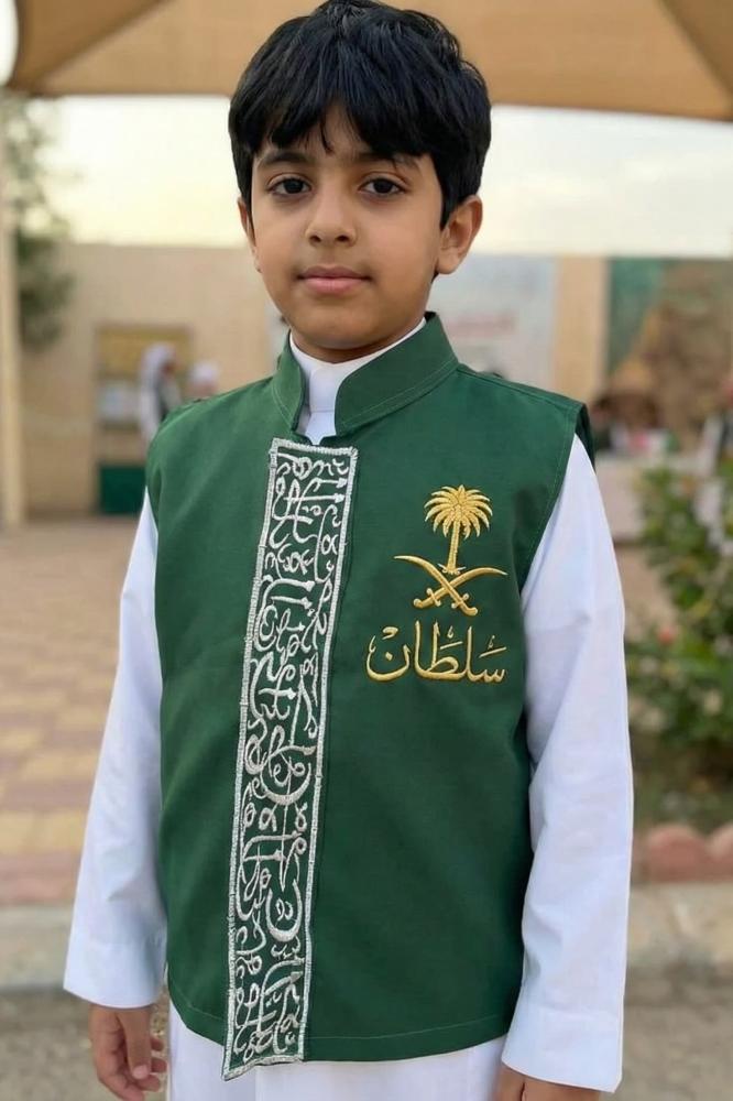 Blank olive green boys' vest with a Saudi standing collar and longitudinal silver Arabic line embroidery — product image 1