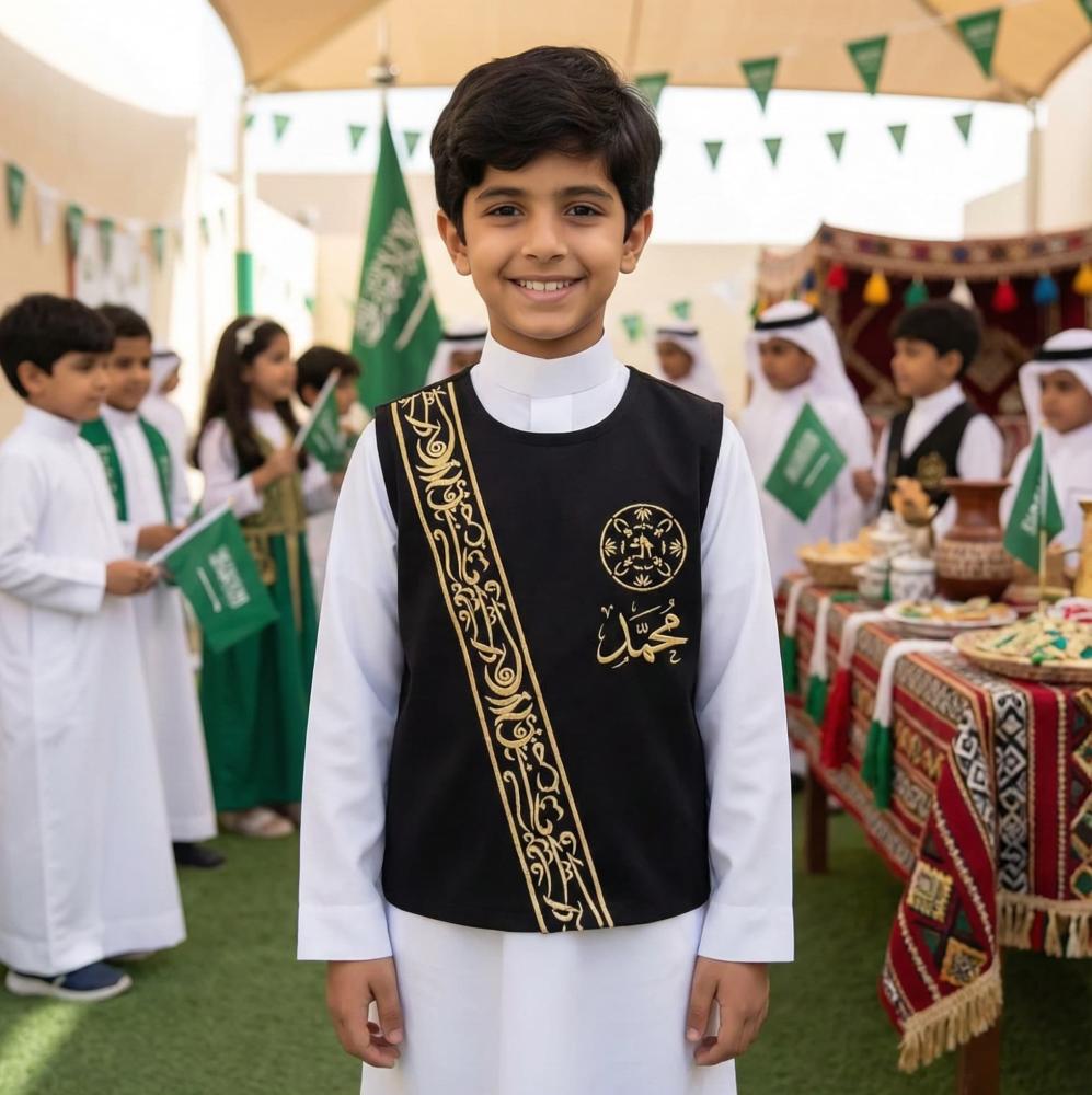 Boys' plain black sediri with golden Arabic calligraphy pattern — product image 3