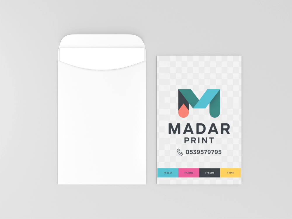 Madar Print branding materials with a white envelope and colorful business card design.