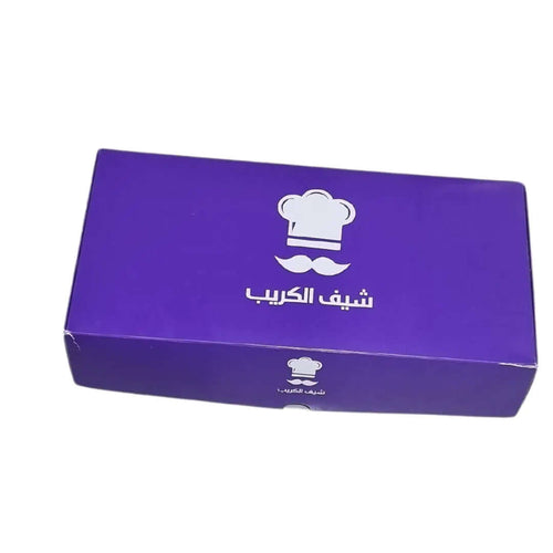 بوكس طول 40 سم عرض 20 سم ارتفاع 9 سم، طباعة بتصميم العميل، مع مقسم صوص 3 فتحات، يستخدم ل6 قطع برغر واستعمالات أخرى