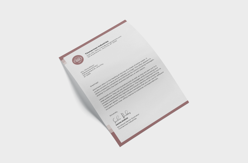 Professional letterhead design featuring a maroon border, crisp white paper, and personalized printed message.