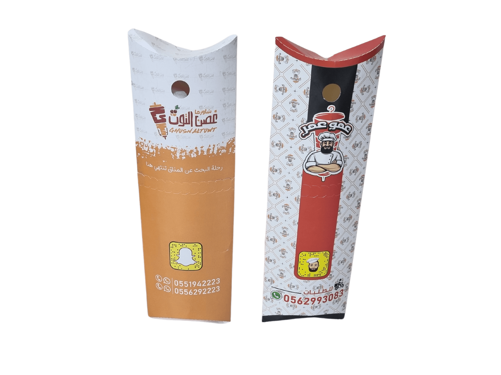 مواصفات العلبة :

علبة صاروخ الشورما، الطول 27 سم العرض 10 سم العمق 3.5 سم
الورق 300 جرام
طباعة بتصميم العميل 

الطباعة:
يمكنكم طلب طباعة خارجية فقط (يكون داخل العلبة أبيض) أو داخلية وخارجية 

السولوفان:
السولوفان هو طبقة نايلون عازلة تفيد في 1- يمنح المتانة للعلبة
2- يعزل الزيوت والسوائل عن الورق
3- يمنع الطباعة من الاختلاط بالمواد الغذائية 
لكم حرية الاختيار بإضافة سولوفان خارجي فقط أم داخلي فقط أم على الجانبين داخلي وخارجي

ملاحظة:
يُفضَّل اختيار السولوفان الداخلي عند اختياركم الطباعة الداخلية من أجل ألا