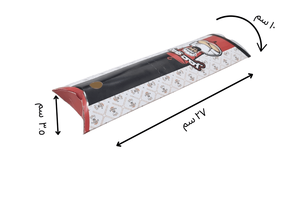 مواصفات العلبة :

علبة صاروخ الشورما، الطول 27 سم العرض 10 سم العمق 3.5 سم
الورق 300 جرام
طباعة بتصميم العميل 

الطباعة:
يمكنكم طلب طباعة خارجية فقط (يكون داخل العلبة أبيض) أو داخلية وخارجية 

السولوفان:
السولوفان هو طبقة نايلون عازلة تفيد في 1- يمنح المتانة للعلبة
2- يعزل الزيوت والسوائل عن الورق
3- يمنع الطباعة من الاختلاط بالمواد الغذائية 
لكم حرية الاختيار بإضافة سولوفان خارجي فقط أم داخلي فقط أم على الجانبين داخلي وخارجي

ملاحظة:
يُفضَّل اختيار السولوفان الداخلي عند اختياركم الطباعة الداخلية من أجل ألا