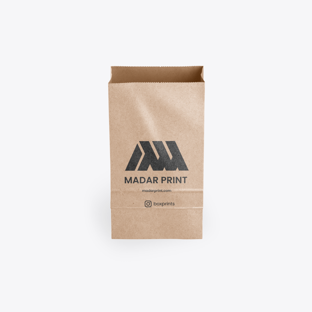Kraft paper bag with black logo, eco-friendly packaging for retail, perfect for branding and promotion.