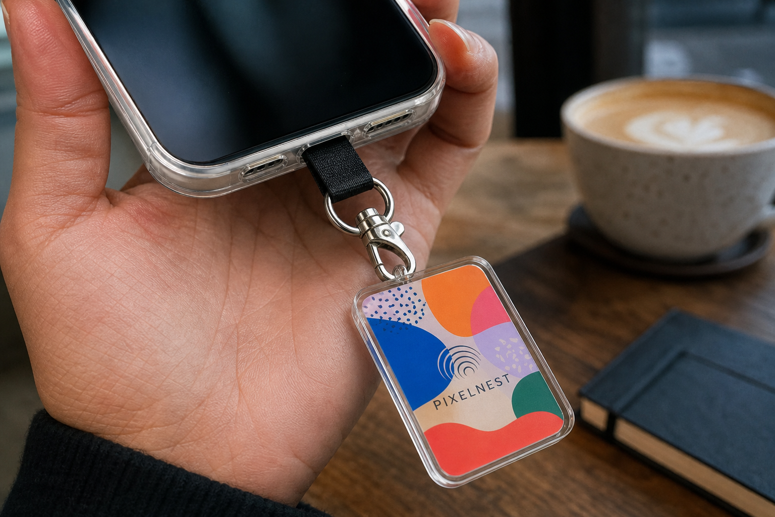 Custom printed 3 mm acrylic rectangle phone charm with metal clasp and fabric tether