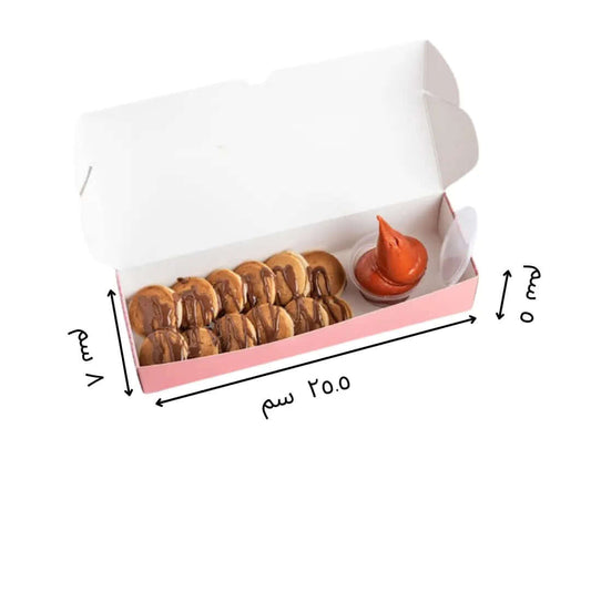 علبة للماكارون والبانكيك والدونات 
طباعة بشعار العميل 
الأبعاد 25.5×8×5.5 
 