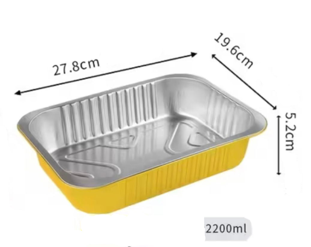 Aluminum baking tray with yellow base and measurements on a white background