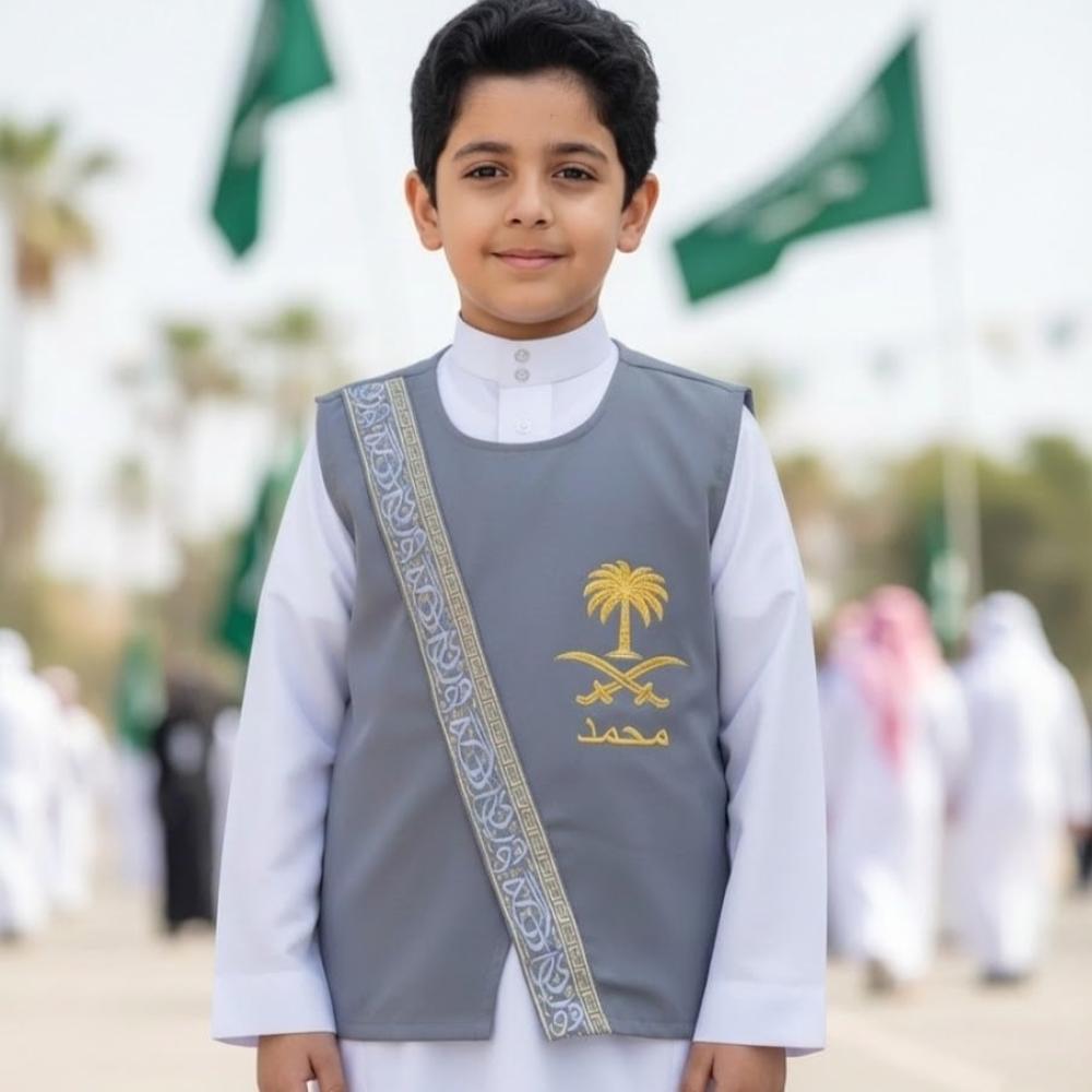 Boys' plain light gray tunic with a silver-gilt Arabic calligraphy stripe pattern — product image 1