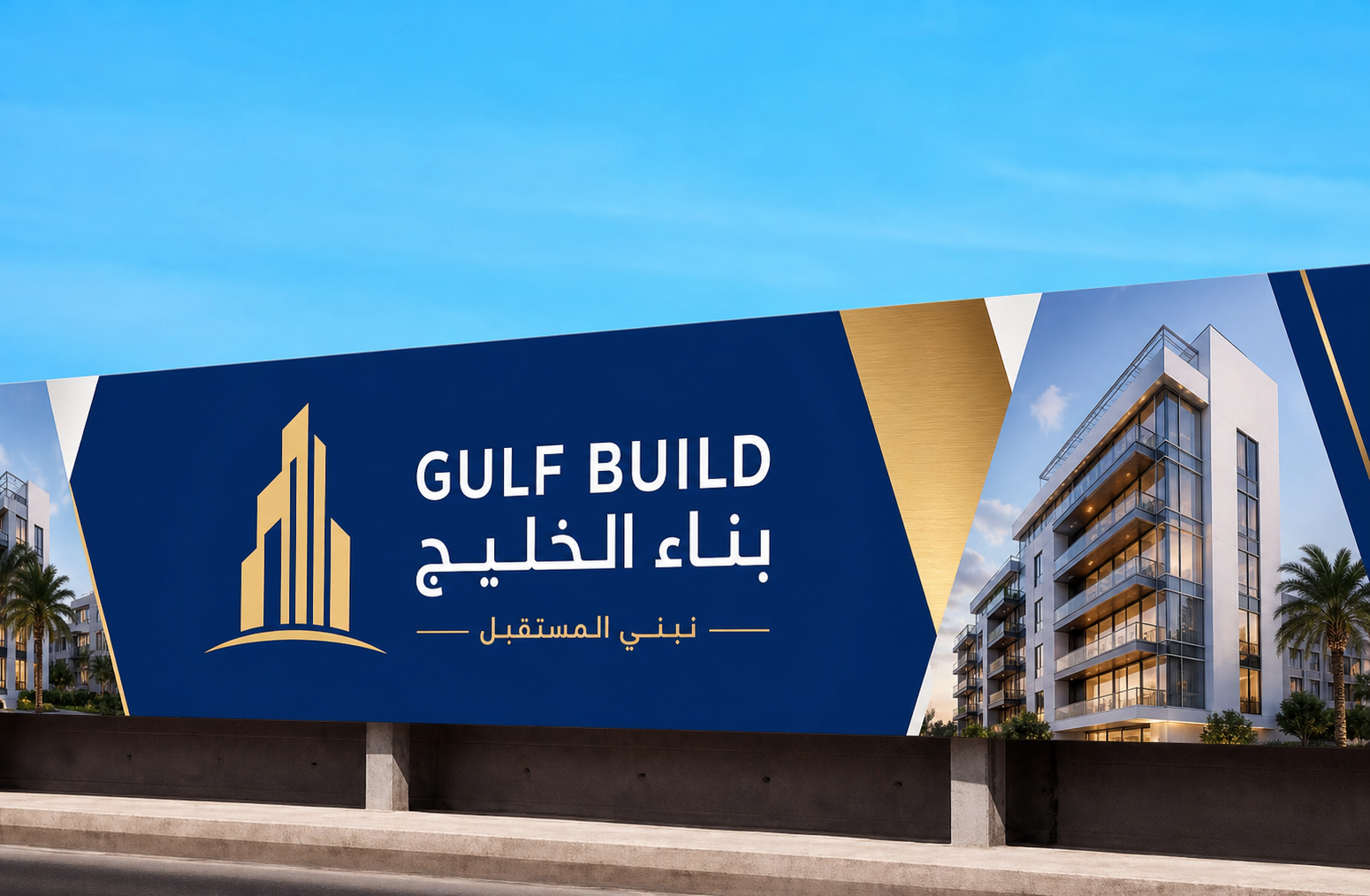 Custom GULF BUILD blue and gold printed construction site hoarding