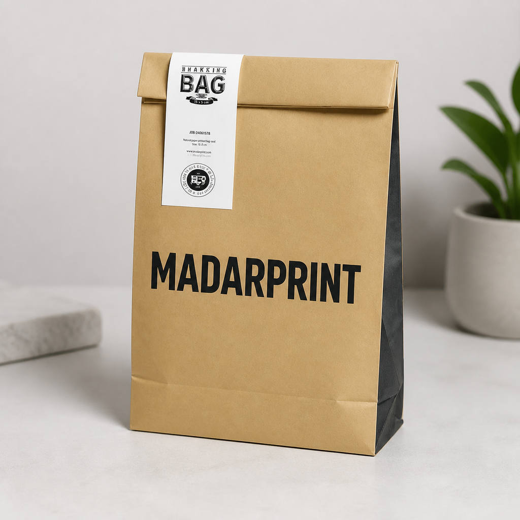 Printed bag-seal sticker applied to a kraft paper bag