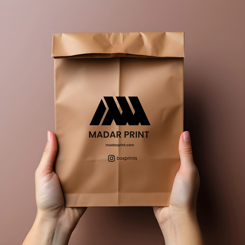 Brown paper bag with logo, ideal for packaging, presents a sleek, eco-friendly design for various uses.
