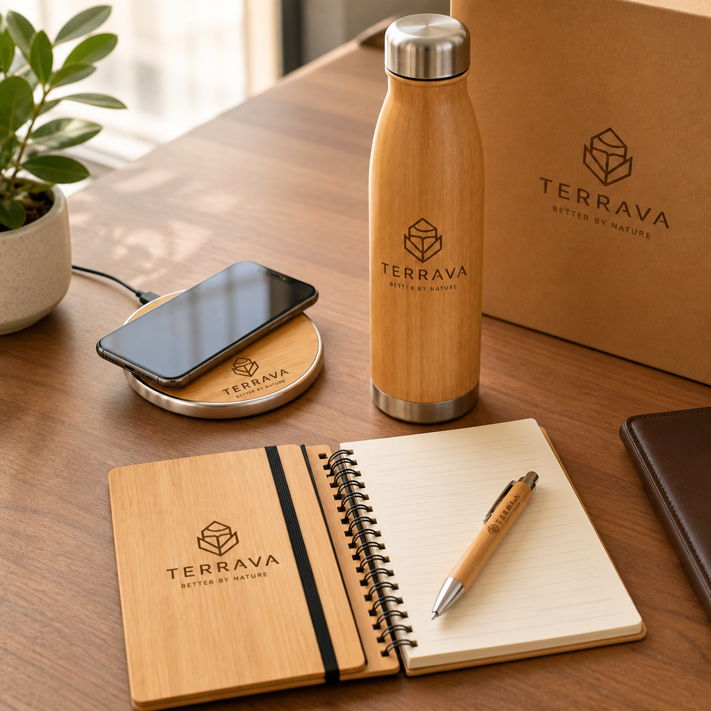 Bamboo corporate gift set arranged for use on a modern office desk