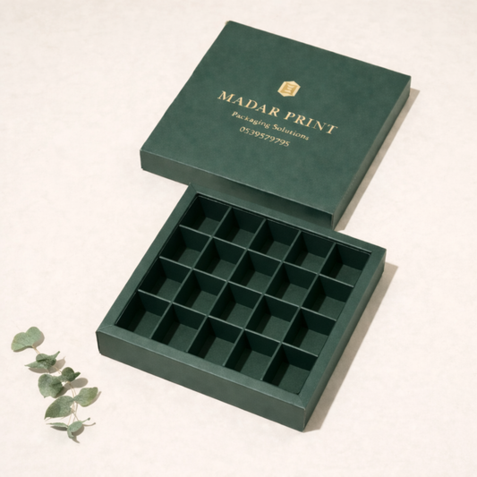 Green packaging box with compartments and 'Madar Print' branding on a light background