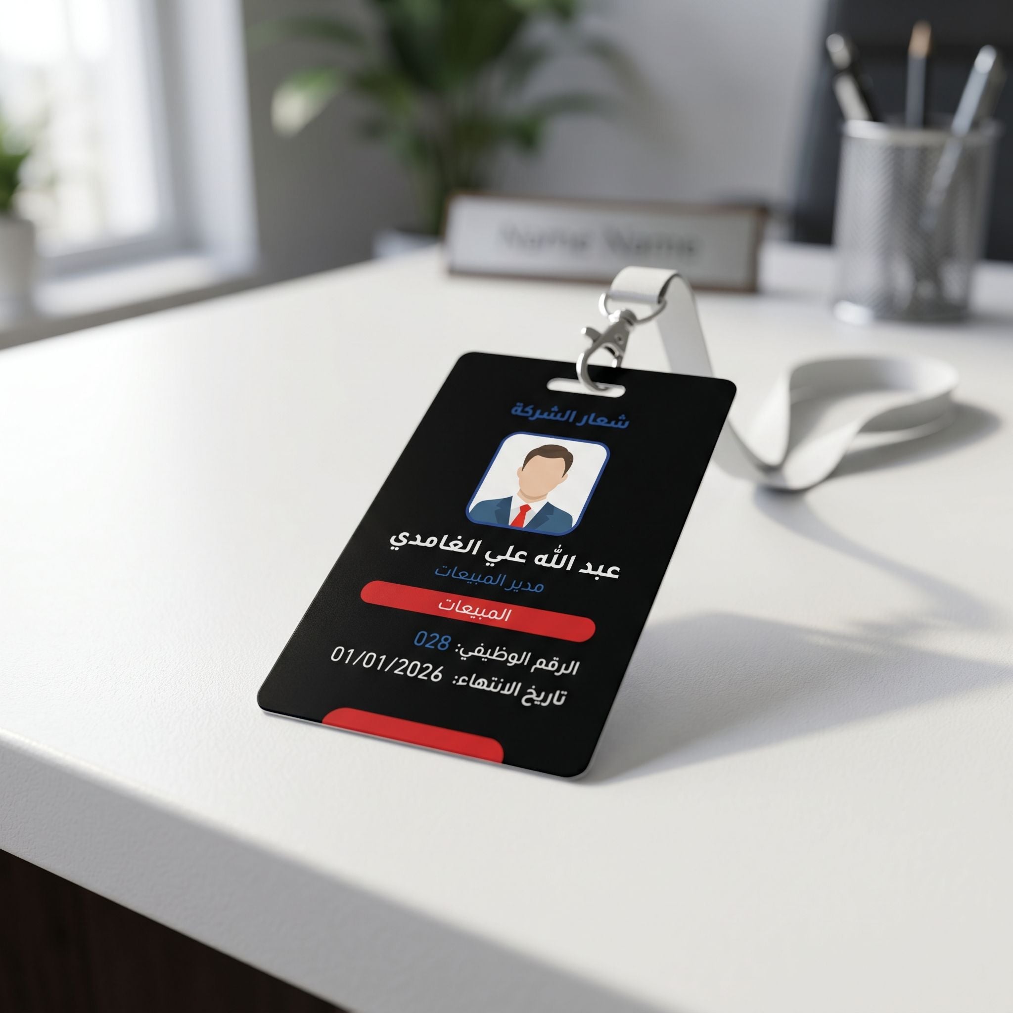 Black minimal design ID card موضوع على a white سطح مع إضاءة ناعمة تُبرز its أنيق finish و حواف حادة.