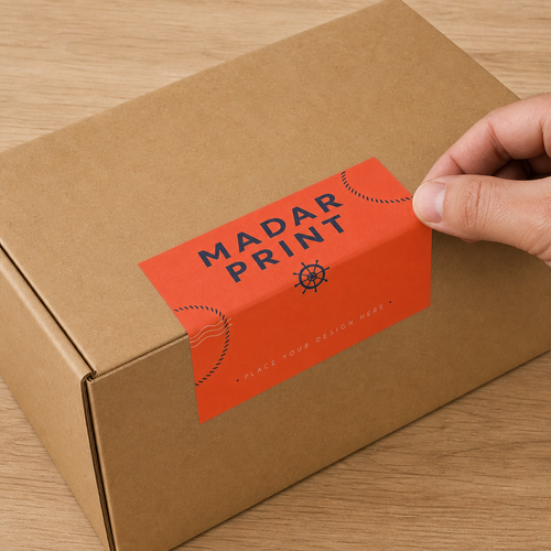 BOX STEAL STICKER 15×7.5 CM — applied to kraft shipping box