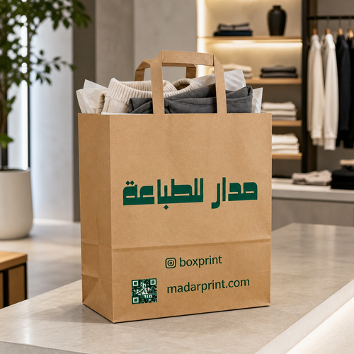 Large brown kraft paper shopping bag shown filled with folded retail apparel