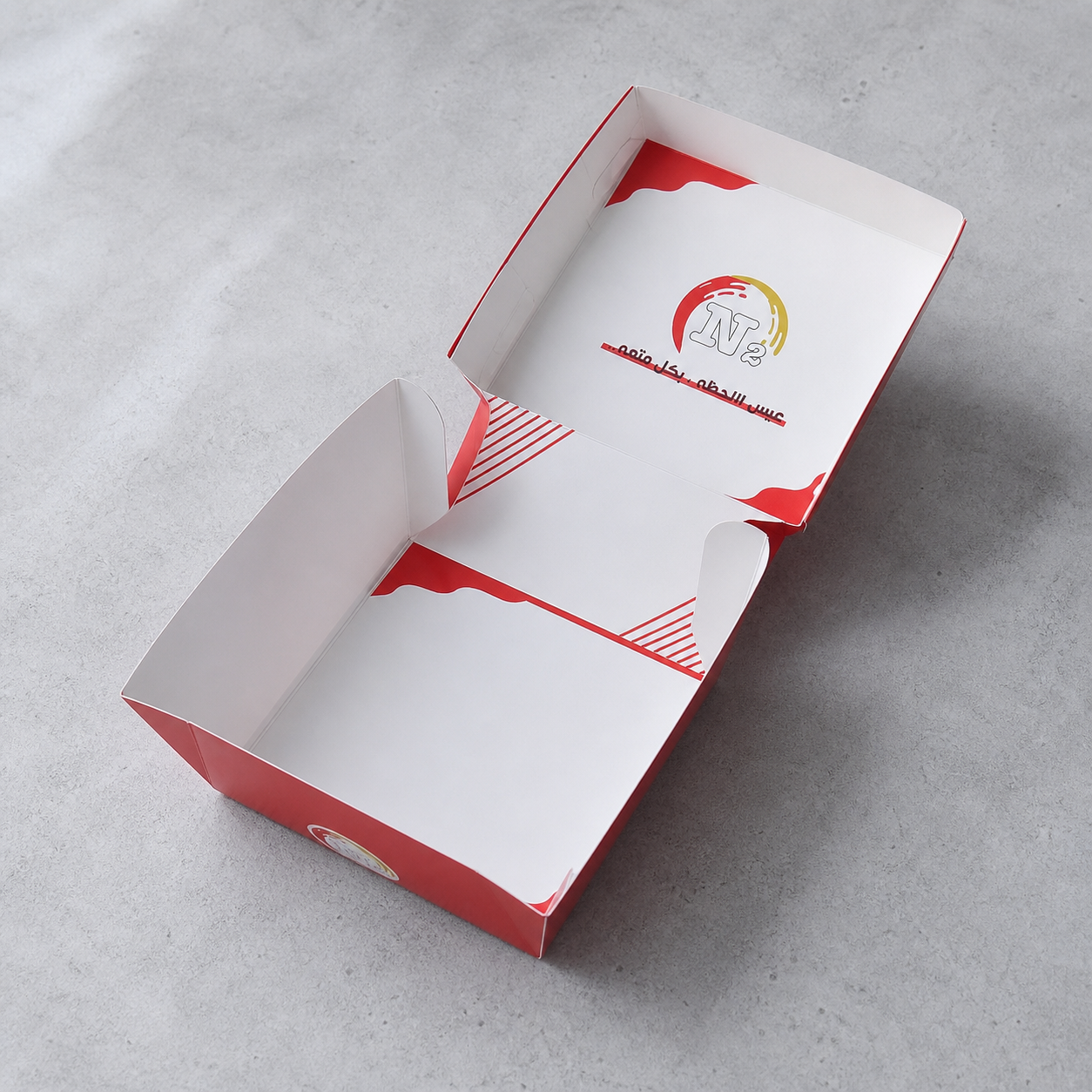 Open empty red and white 14 cm custom printed burger box from a different angle