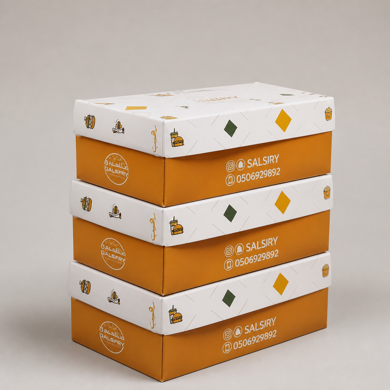Custom burger boxes closed and stacked for takeaway service