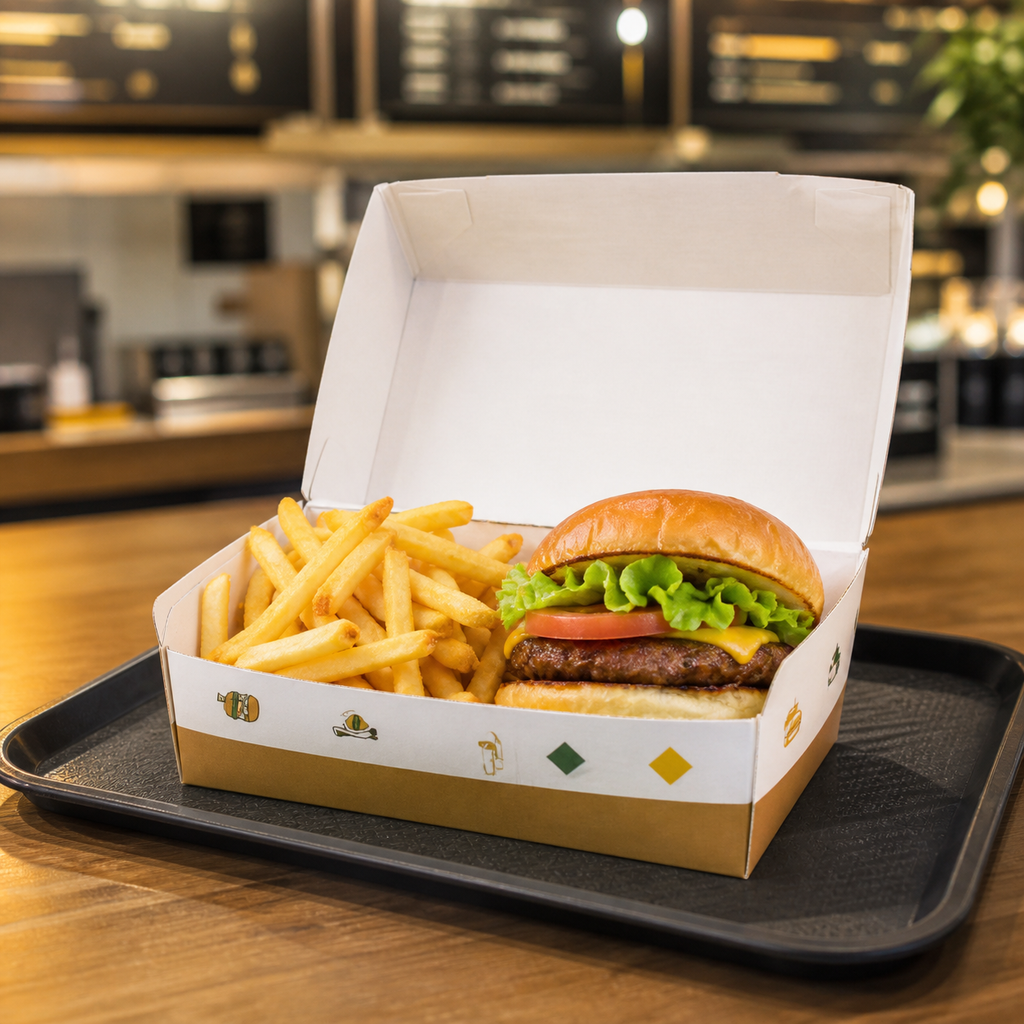 Custom burger and chips box open with a fresh burger and fries in a restaurant setting