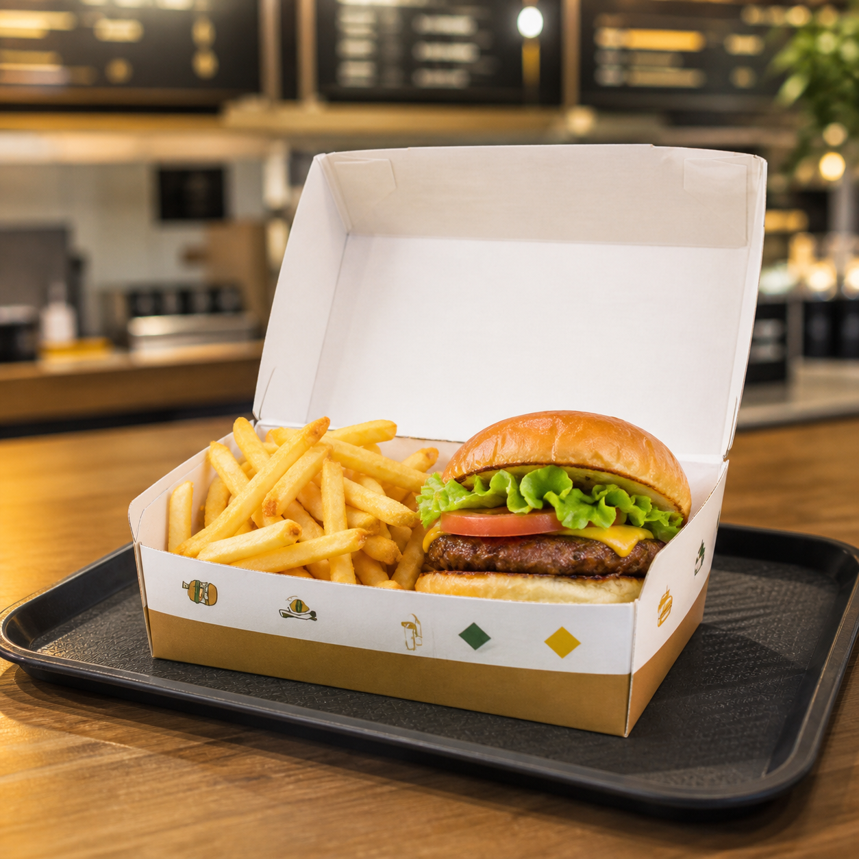 Custom burger and chips box open with a fresh burger and fries in a restaurant setting
