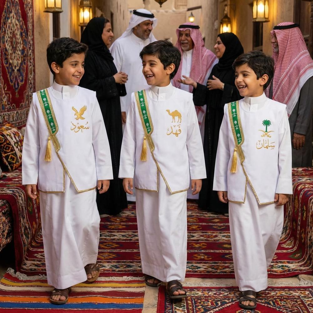 Blank white boys' Sediri bisht with a green frame patterned with two swords and a golden palm tree — product image 2