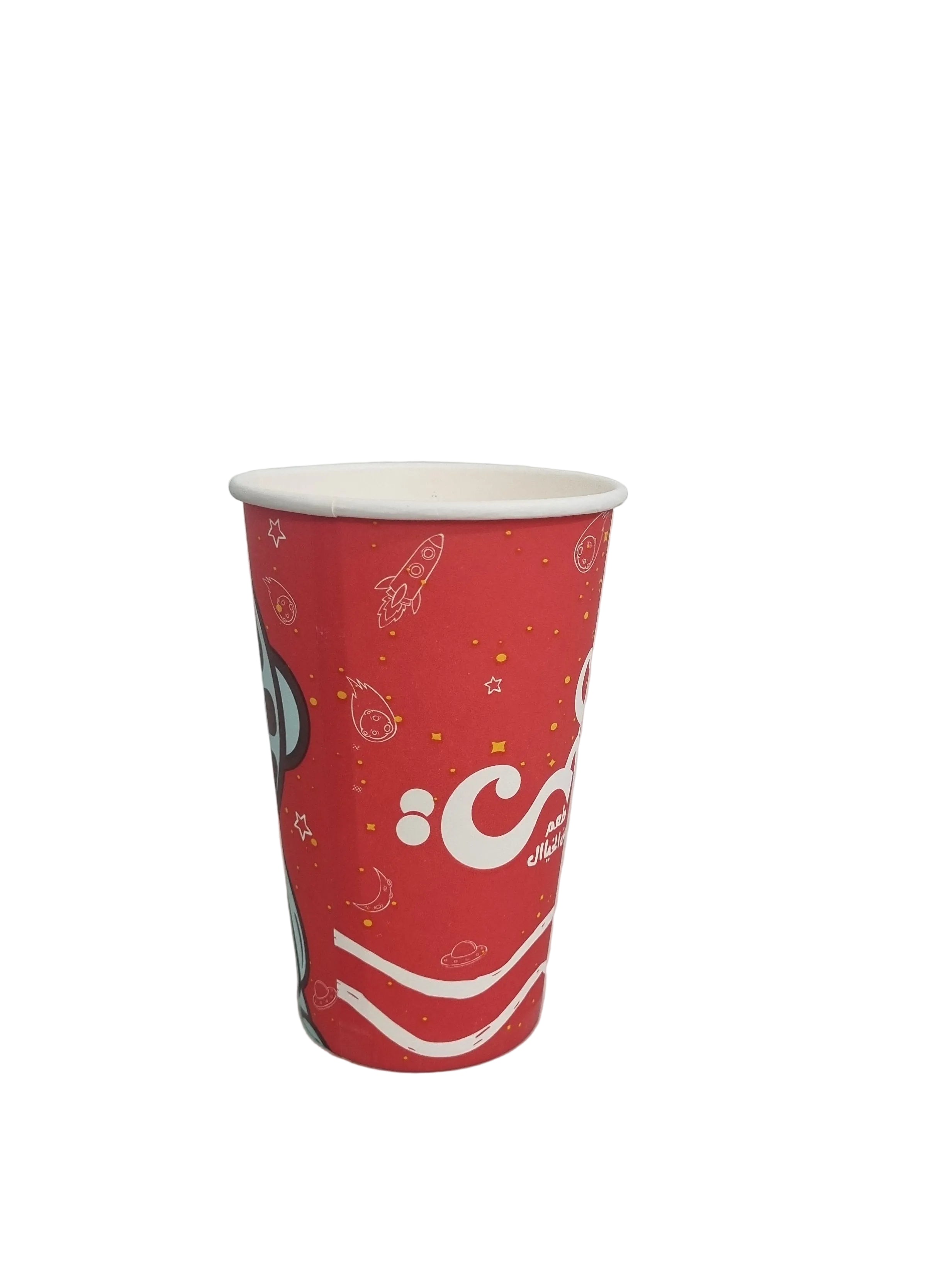 Red paper cup with white text and design on a light gray surface
