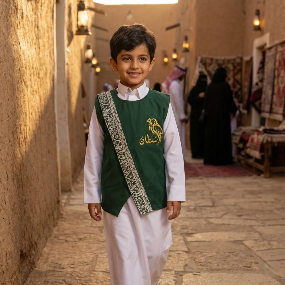 Boys' plain royal green robe with silver and gilded Arabic calligraphy stripe pattern — product image 3