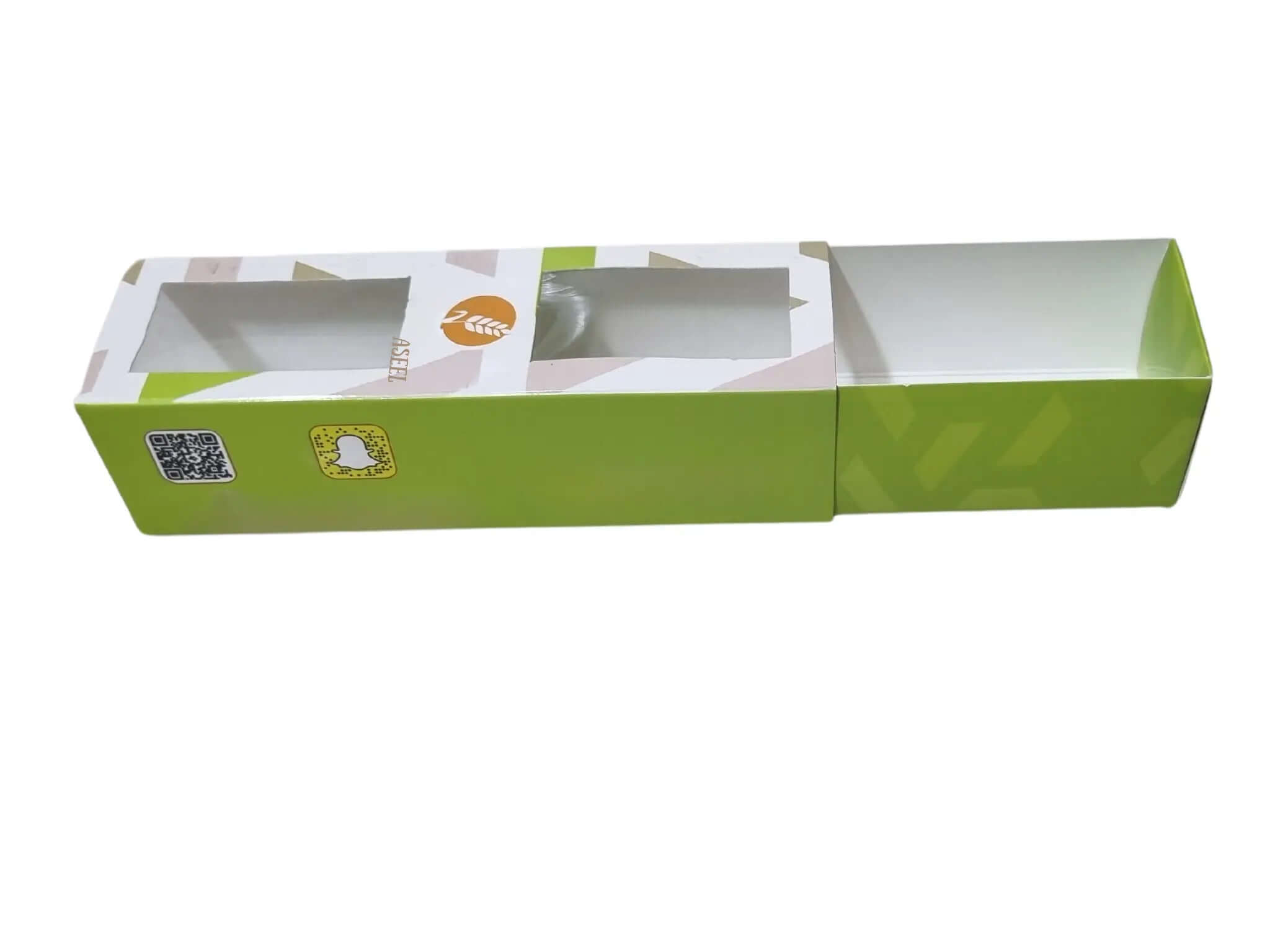 علبة بنافذة شفافة مطبوعة بشعار العميل ومزودة بمادة عازلة لامعة (سولوفان) للماكارون والبان كيك والكب كيك والشوكوالا