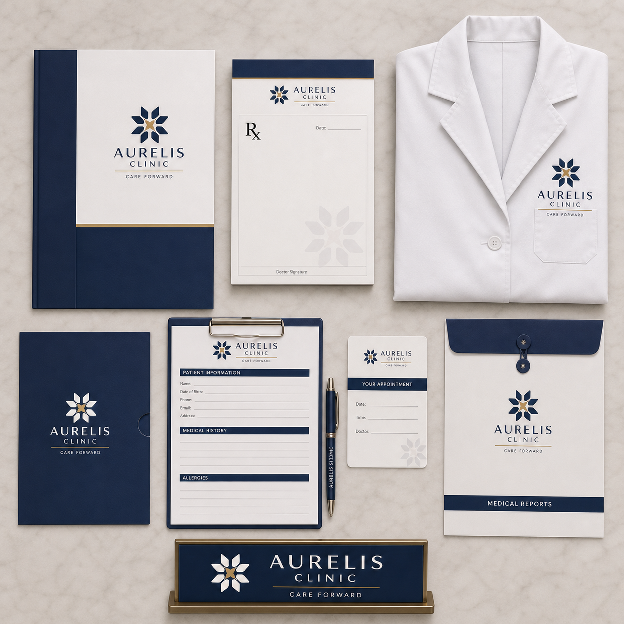 Clinic opening print bundle arranged in an organized overhead flat lay