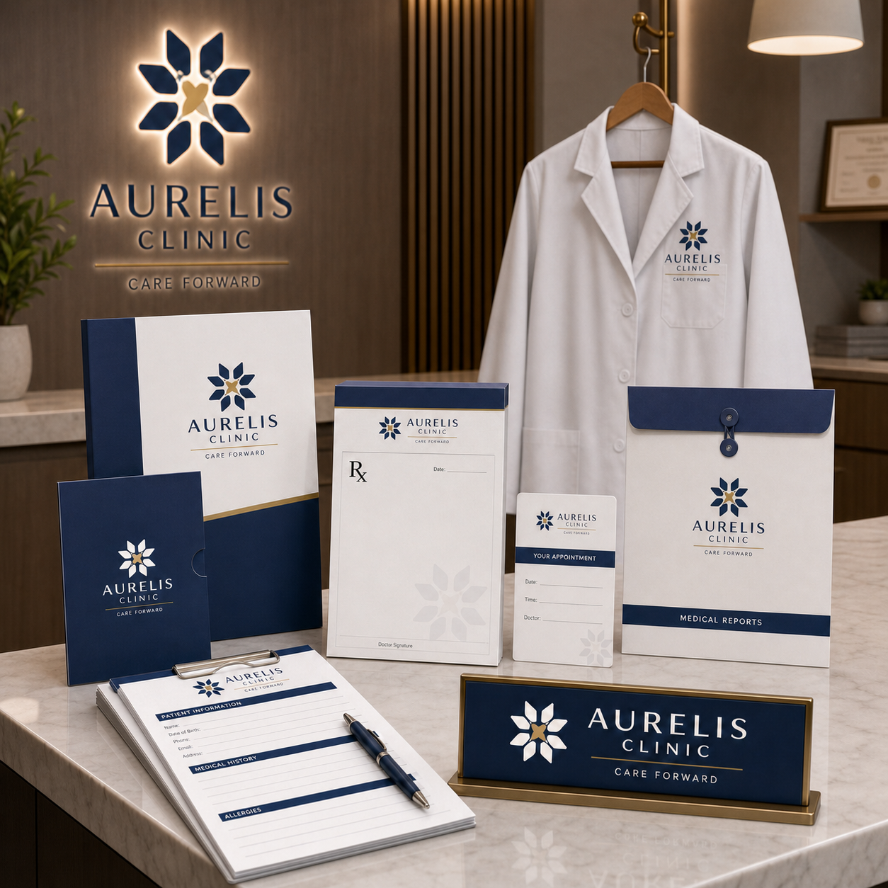 Clinic opening print bundle displayed in a coordinated clinic reception setting