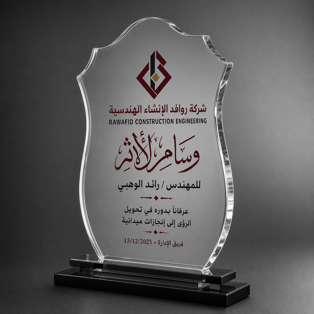 درع كريستالي بزاوية كتالوج توضح السمك والقاعدة